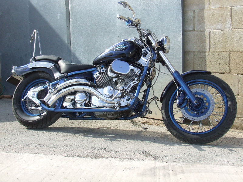'Lady Jane' raked 650 Dragstar - Candy Blue over Silver Powdercoat, SS spokes and one off SS Devil's tail sissy bar