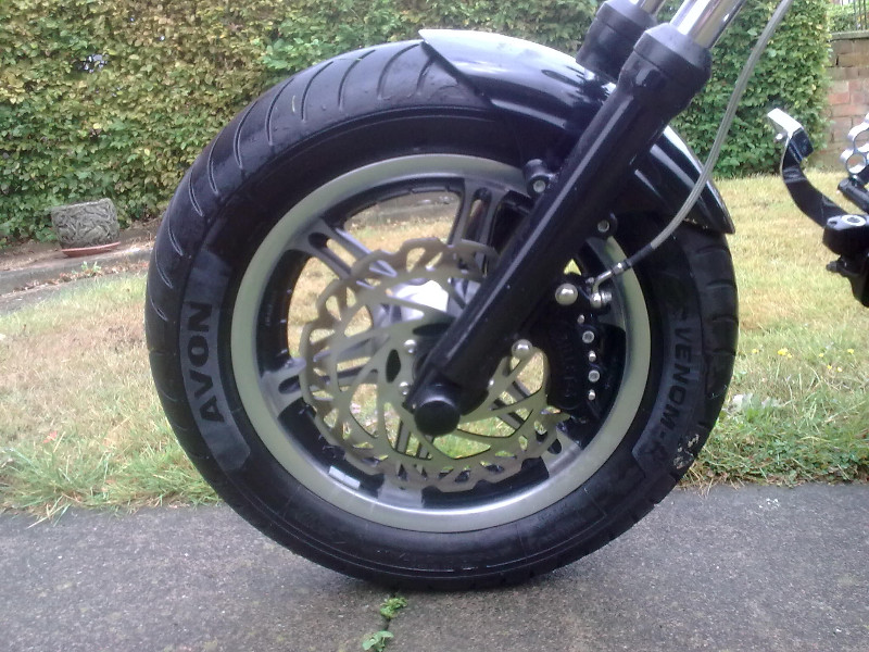 Harrison Billet 6 Caliper, Armstrong Disc, pro-Bolt 316 Polished SS disc bolts, powder coated forks and Avon Tyres all available from Lightning Services.